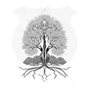 A blackwork design of a tree with intricate roots, symbolizing the strong foundation of your family tree tattoo design idea