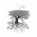 A blackwork design of a tree with intricate roots, symbolizing the strong foundation of your family tree tattoo design idea