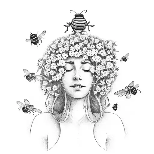A person doing a yoga pose surrounded by blooming flowers and bees tattoo design idea