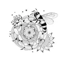 A person doing a yoga pose surrounded by blooming flowers and bees tattoo design idea