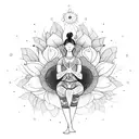 A person doing a yoga pose surrounded by blooming flowers and bees tattoo design idea