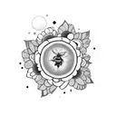 A person doing a yoga pose surrounded by blooming flowers and bees tattoo design idea