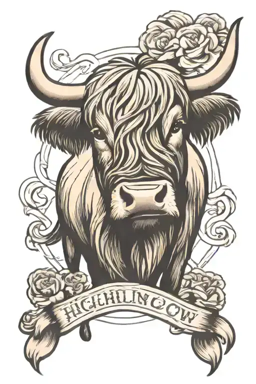 cross and highland cow tattoo design idea
