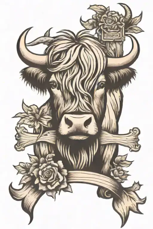 cross and highland cow tattoo design idea