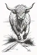 A sketch of a Highland cow running on a track with the word 'Destannee' incorporated in a creative way, representing your girlfriend and passion for running tattoo design idea