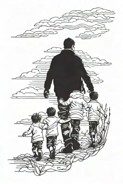 Father With two sons walking Silhouette and above all of them fist (only Their hands) tattoo design idea