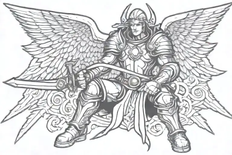 Paladin with wings kneeling and holding two sword tattoo tattoo design idea