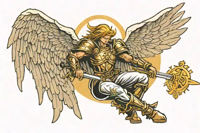 Angel Paladin with two swords kneeing and golden glow in background tattoo design idea