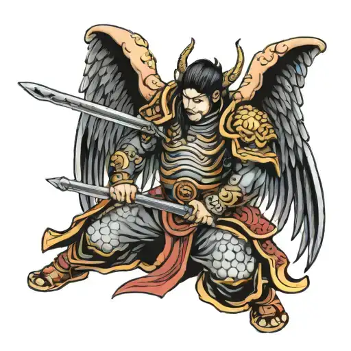 Paladin with wings kneeling and holding two swords downwards tattoo design idea