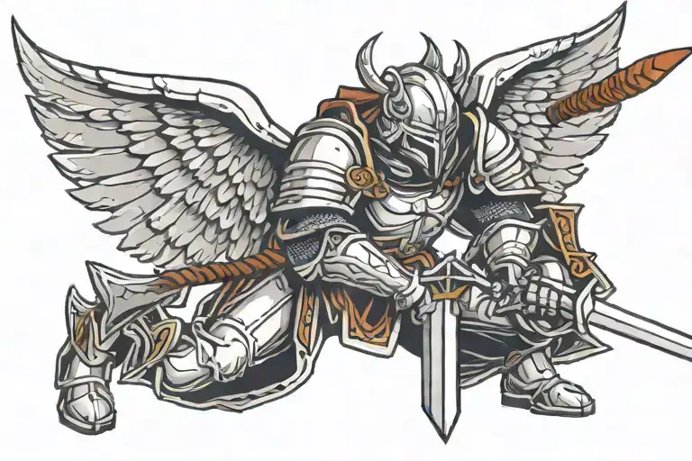 Paladin with wings kneeling and holding two swords downwards tattoo design idea