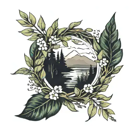 laurel wreath with a nature scene in between tattoo design idea