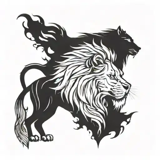 A lion and wolf standing back to back, symbolizing loyalty and courage tattoo design idea