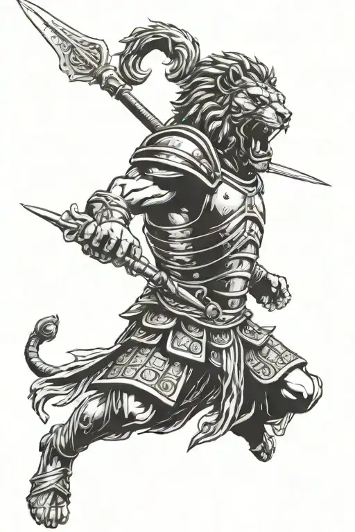 roman soldier/gladiator using a lion armor in fight mode or screaming. using an spear tattoo design idea