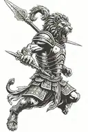 roman soldier/gladiator using a lion armor in fight mode or screaming. using an spear tattoo design idea