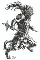 roman soldier/gladiator using a lion armor in fight mode or screaming. using an spear tattoo design idea