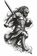 roman human soldier/gladiator using an armor that have lion elements in fight mode or screaming. using an spear tattoo design idea