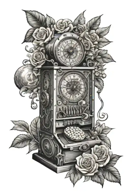 lottery machine with dice, roses, plants, and animals around it  tattoo design idea
