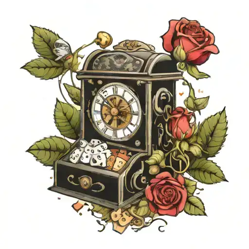 lottery machine with dice, roses, plants, and animals around it  tattoo design idea