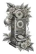 lottery machine with dice, roses, plants, and animals around it  tattoo design idea