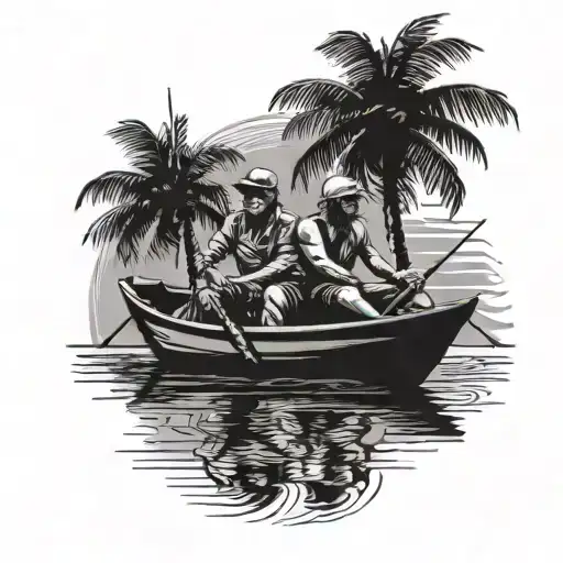 me and my uncle on a boat fishing, no faces, in goa india palm trees   tattoo design idea