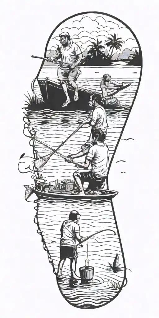 tattoo of me, uncle and cousin fishing in Goa, India but make me and my cousin kids both male tattoo design idea