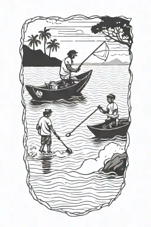 Simple tattoo of me, uncle and cousin fishing in Goa, India but make me and my cousin kids both male tattoo design idea