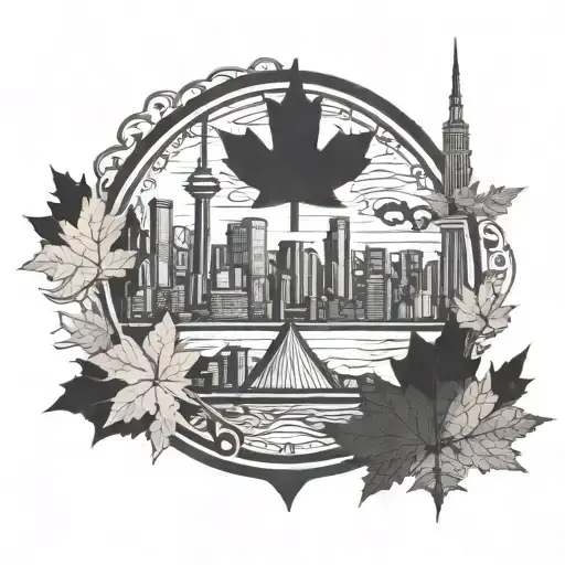 Toronto and Montreal skylines inside a maple leaf tattoo design idea