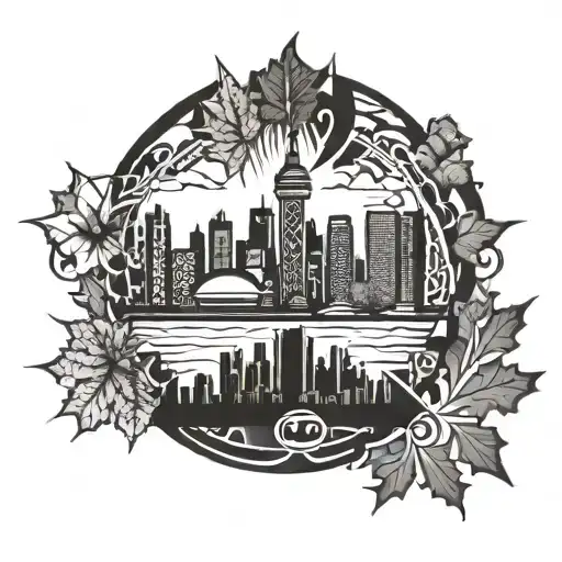 Toronto and Montreal skylines inside a maple leaf tattoo design idea