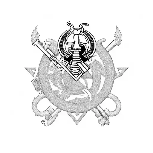 A dynamic composition showcasing a Marine Corps emblem with IYAOYAS incorporated, surrounded by explosive ordnance in a black-grey style tattoo design idea
