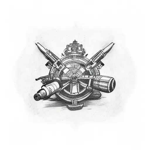 A sketch-style tattoo featuring a stylized IYAOYAS banner wrapped around a crossed cannon and missile, representing the client's passion for ordnance tattoo design idea