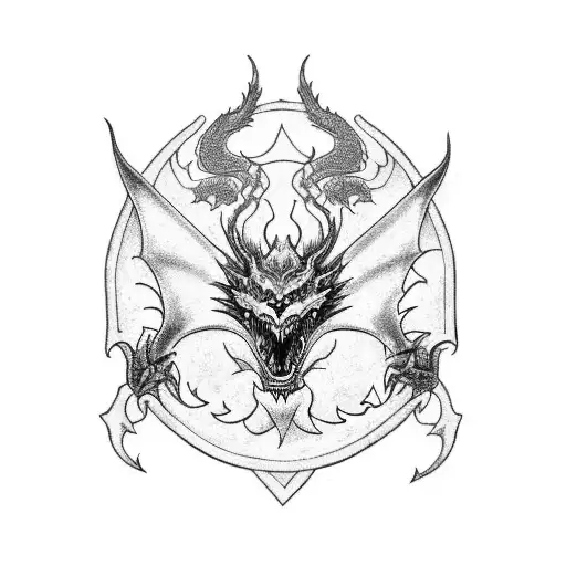 A blackwork design of a fierce dragon holding an IYAOYAS banner in its claws, symbolizing the client's dedication to the Marine Corps and ordnance tattoo design idea