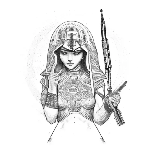 A dotwork tattoo portraying St. Barbara holding a rocket launcher, surrounded by intricate ordnance patterns and the IYAOYAS motto tattoo design idea