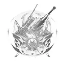 A sketch-style tattoo featuring a stylized IYAOYAS banner wrapped around a crossed cannon and missile, representing the client's passion for ordnance tattoo design idea