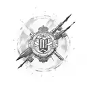 A sketch-style tattoo featuring a stylized IYAOYAS banner wrapped around a crossed cannon and missile, representing the client's passion for ordnance tattoo design idea