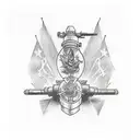 A sketch-style tattoo featuring a stylized IYAOYAS banner wrapped around a crossed cannon and missile, representing the client's passion for ordnance tattoo design idea