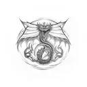 A blackwork design of a fierce dragon holding an IYAOYAS banner in its claws, symbolizing the client's dedication to the Marine Corps and ordnance tattoo design idea