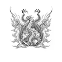A blackwork design of a fierce dragon holding an IYAOYAS banner in its claws, symbolizing the client's dedication to the Marine Corps and ordnance tattoo design idea