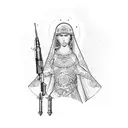 A dotwork tattoo portraying St. Barbara holding a rocket launcher, surrounded by intricate ordnance patterns and the IYAOYAS motto tattoo design idea