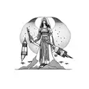 A dotwork tattoo portraying St. Barbara holding a rocket launcher, surrounded by intricate ordnance patterns and the IYAOYAS motto tattoo design idea