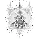 A dotwork tattoo portraying St. Barbara holding a rocket launcher, surrounded by intricate ordnance patterns and the IYAOYAS motto tattoo design idea