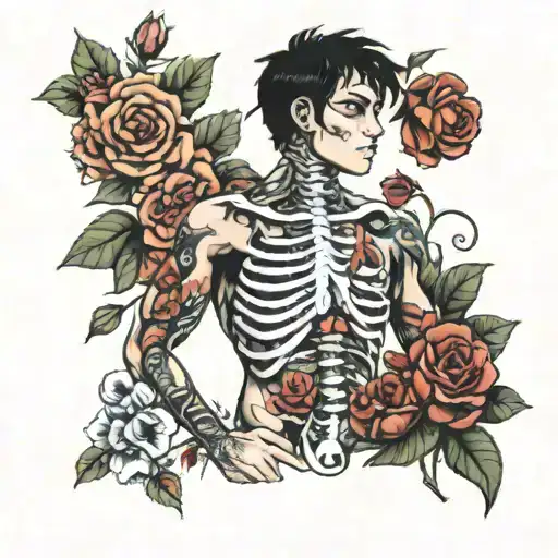 boy with black hair and tattoo of a ribcage with flowers on his torso tattoo design idea
