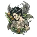 boy with black hair and tattoo of cornucopia on his stomach tattoo design idea