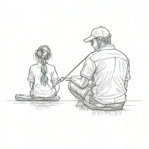 A simple sketch of a dad and daughter with a ponytail sitting on a log by the lake fishing tattoo design idea