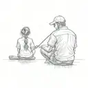 A simple sketch of a dad and daughter with a ponytail sitting on a log by the lake fishing tattoo design idea