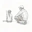 A simple sketch of a dad and daughter with a ponytail sitting on a log by the lake fishing tattoo design idea