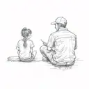 A simple sketch of a dad and daughter with a ponytail sitting on a log by the lake fishing tattoo design idea