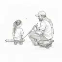 A simple sketch of a dad and daughter with a ponytail sitting on a log by the lake fishing tattoo design idea