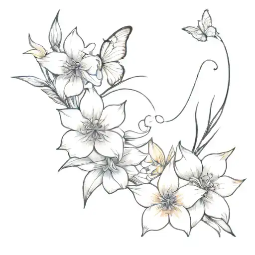 butterfly cut in half and the other half of it is the mixed flowers gladiolus, daffodil, and daisy connected to the othe tattoo design idea