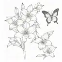 butterfly cut in half and the other half of it is the mixed flowers gladiolus, daffodil, and daisy connected to the othe tattoo design idea