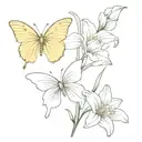 butterfly cut in half and the other half of it is the mixed flowers gladiolus, daffodil, and daisy connected to the othe tattoo design idea
